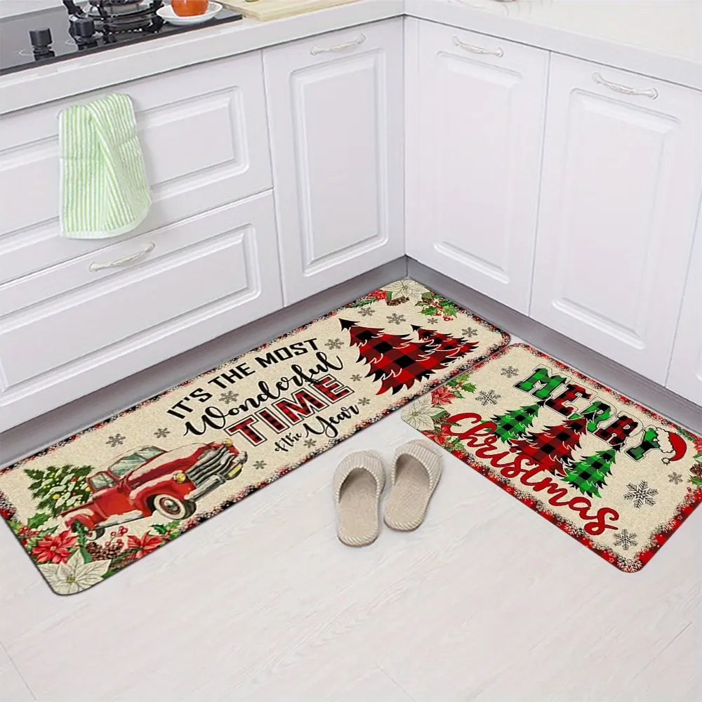 2 Pack Kitchen Mat Set, Christmas Themed Kitchen Floor Mat Set, Red and Green Plaid Christmas Tree Pattern for Autumn Harvest, Thanksgiving, Halloween, Christmas,Lightweight Rectangular Non-Slip Soft