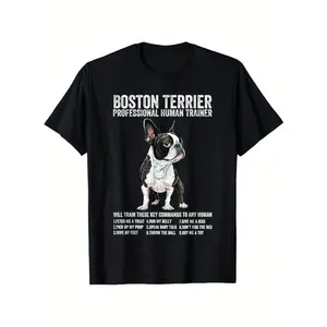 Men'S Boston Terrier "Professional Human Trainer" Graphic T-Shirt - Vintage Style, Short Sleeve, Round Neck, Regular Fit, All-Season Wear, Black with White Dog Design & Commands List, Perfect for Baseball Fans, Dog Lover Apparel | Humorous Dog Design | Co