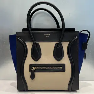 Pre-owned calfskin tote Celine Paris Micro Luggage Beige Black Blue Excellent condition SK81987828