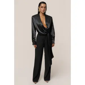 Black Statement Draped Satin Top