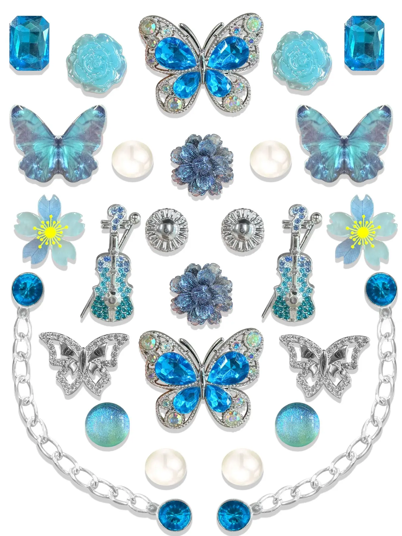 26pcs Blue Sparkle Butterfly Flower Resin Shoe Buckles, Violin Chain DIY Shoe Accessories, Hole-In-Shoe Decorative Parts, Cute Shoe Charms, Cute Shoe Decorations, Shoe Embellishment Set