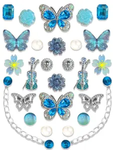 26pcs Blue Sparkle Butterfly Flower Resin Shoe Buckles, Violin Chain DIY Shoe Accessories, Hole-In-Shoe Decorative Parts, Shoe Charms