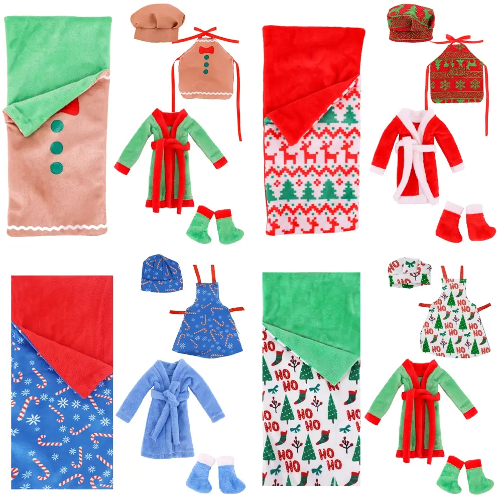 Christmas Decoration Five-Piece Set Accessories, Fits 11.4 Inch Dolls, Includes Bathrobe, Apron, Hat, Sleep Bag, Socks, Perfect Gift for Kids, Doll Clothes Set