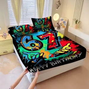 67 "six sev" printed pattern bed sheet set of 3 pieces, including 1 bed cover and 2 pillowcases, all season mattress protection cover, bed sheet, soft and comfortable deep mouth design, breathable bedding, bedroom and guest room decoration, detachable