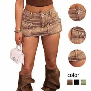 [US Shipping] MW Shiny Y2k Vintage-High Waisted Utility Style Denim Mini Skirt for Women Retro Inspired with Ample Storage