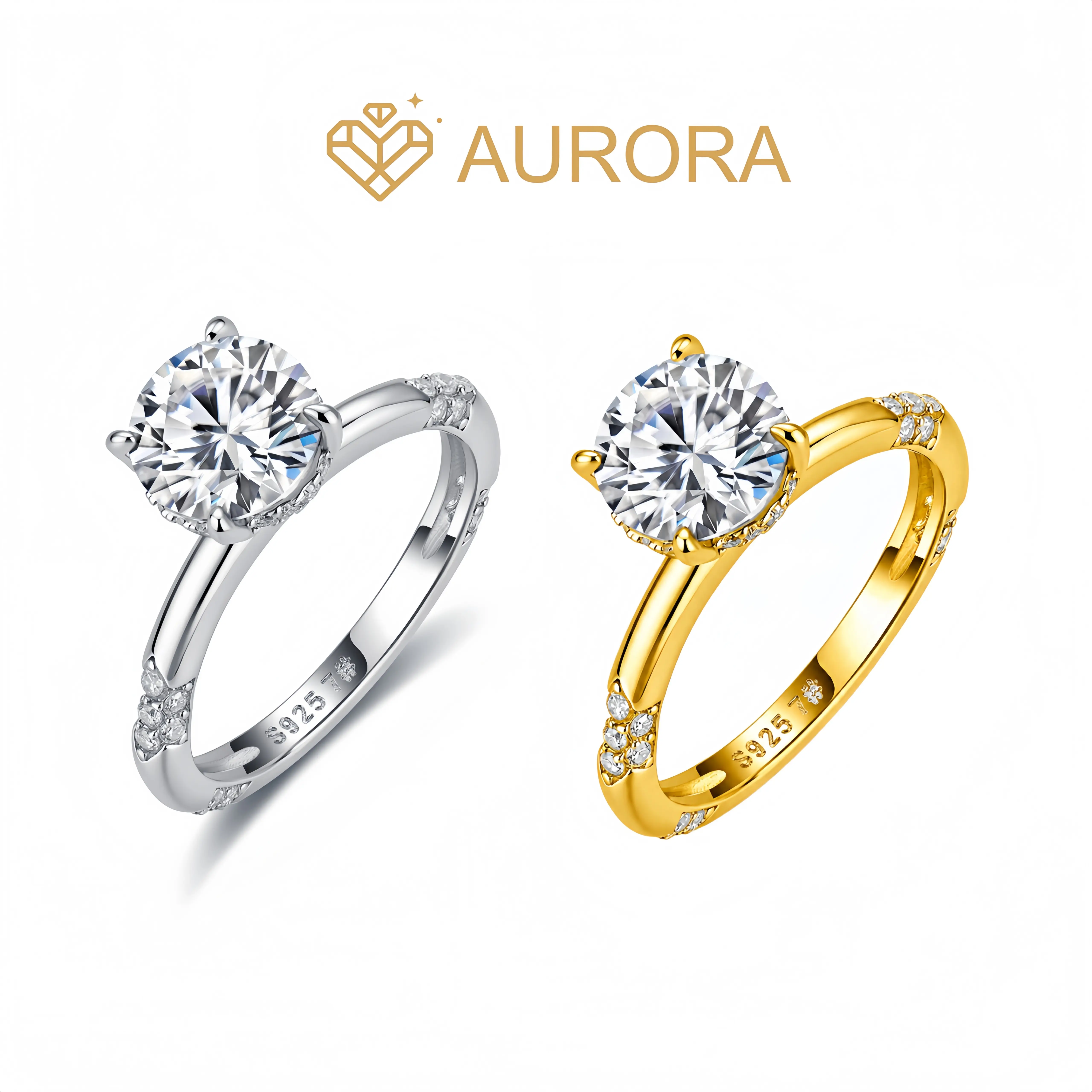 【#256 Flank】925 Sterling Silver Full VVS1 Grade Round Shape Synthetic Moissanite Ring with Main & Side Stones, Premium Anniversary Gift Jewelry