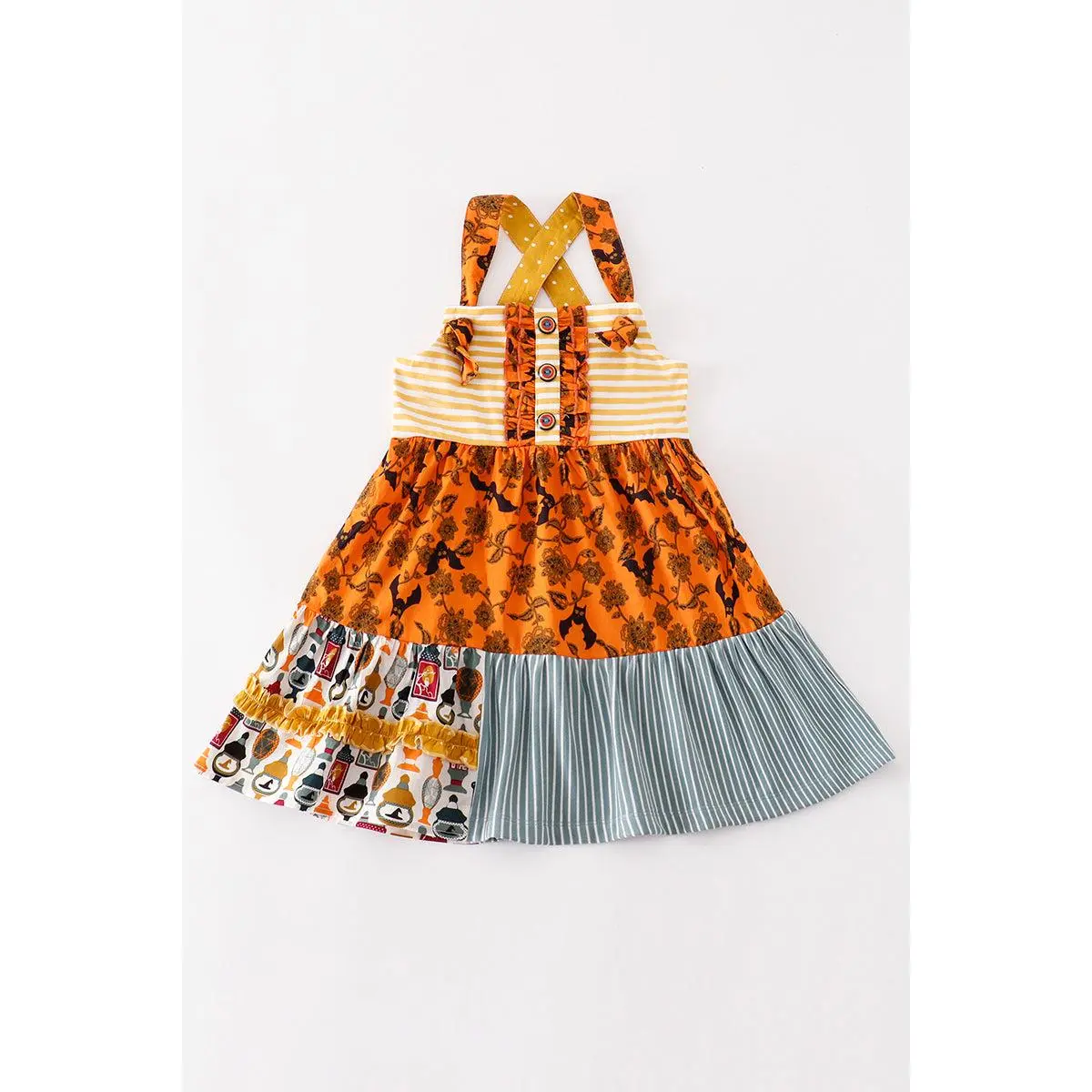 Women's Platinum Yellow Halloween Print Apron Dress, Spandex-Cotton-Rayon Blend, Festive Costume Dress, Skirt, Clothes