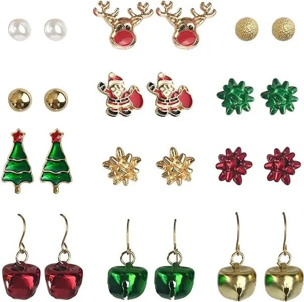 Pair of 12 Christmas Stud Earrings & Dangle Drop Earrings Set with Bell Christmas Trees ELK for women and girls, Christmas set-1