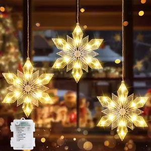Christmas Snowflakes Window Curtain Lights, 3Pack 36LED Battery Powered Battery Operated 8 Twinkle Modes Timer Memory 36 LEDs Crystal Clear Christmas Ornaments for Indoor/Outdoor Holiday Xmas Wedding Party Winter Hanging Decoration, Warm White