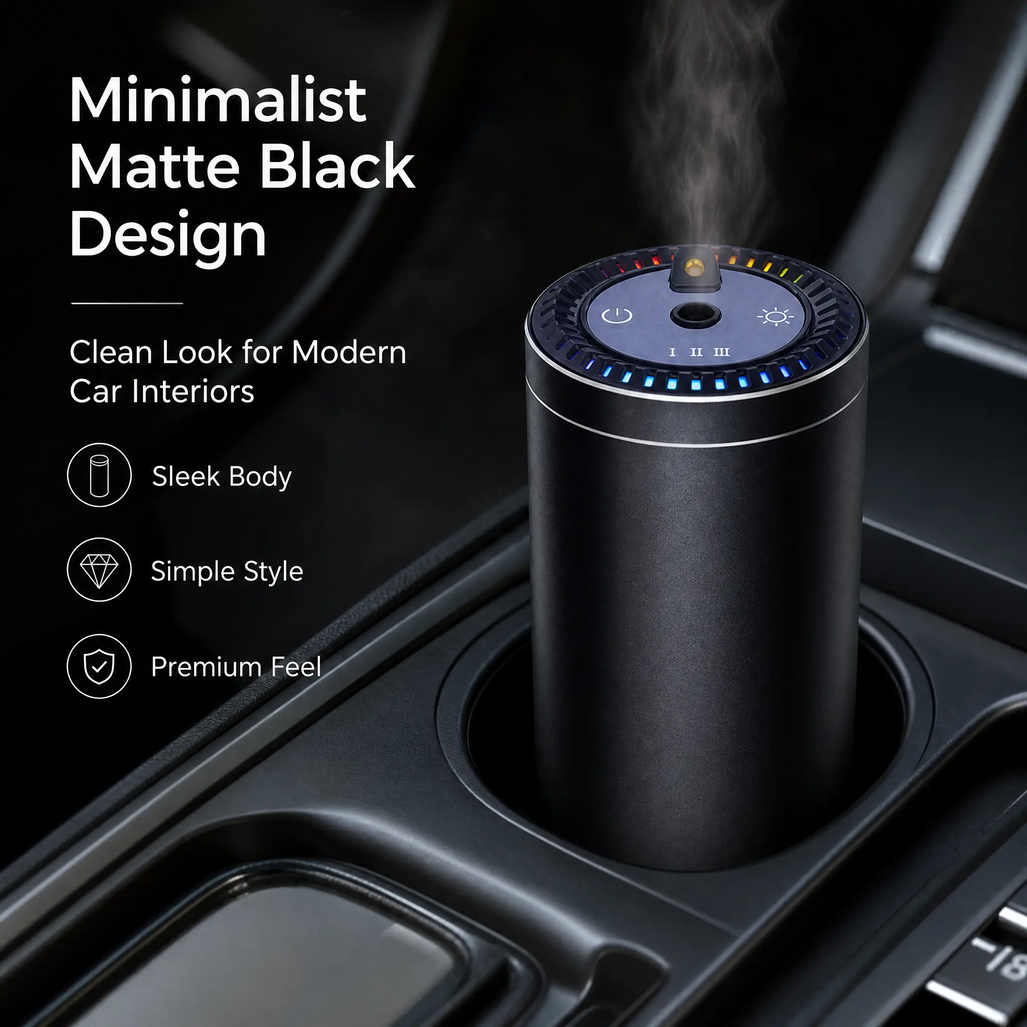 Car air freshener, ultrasonic fog diffuser with red star projection, RGB ambient light, 3 adjustable fog levels, car cup holder aromatherapy diffuser, suitable for vehicle office desktop.