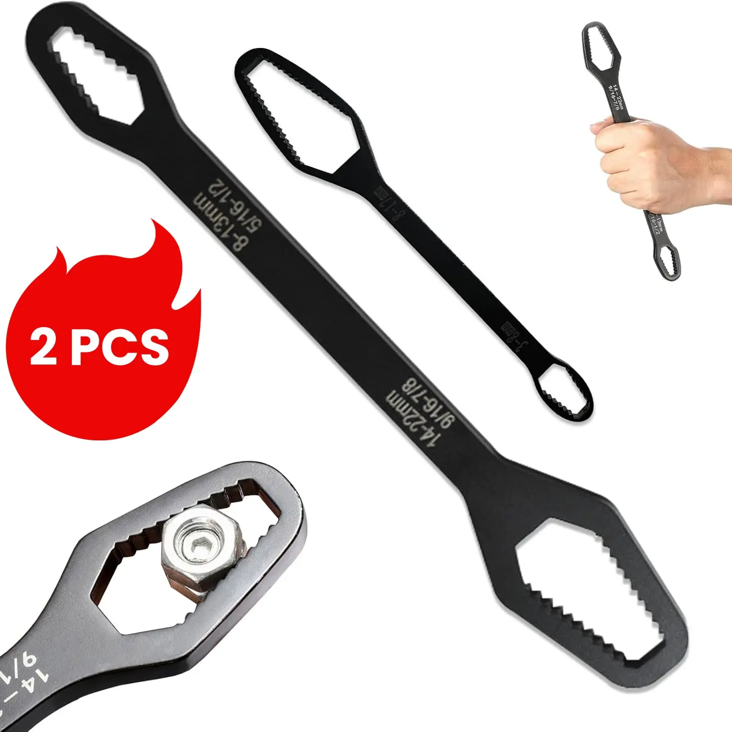 1/8"-7/8" (3-22mm) Double-Ended Spline Wrench, Chrome Vanadium Steel, 2-Pack Self-Tightening Anti-Slip Hand Tool Set for Auto, Bike, Faucet, Home & Garage Repair, Versatile Use, Multifunctional Wrench Set, Dual Wrench Kit