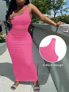Women’s solid-color U-neck tank top set with a high-waisted, slim, bodycon long skirt; loose fit that conceals curves, pure-desire style two-piece set