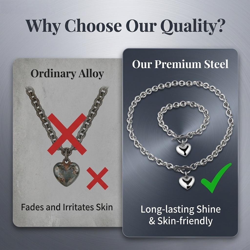 Women's Stainless Steel Heart-Shaped Delicate Pendant Necklace, Necklace and Bracelet Set, Clasp Closure, 8-inch Bracelet, 18-inch Necklace, Fade-Resistant and Durable, Comes with a Gift Box