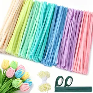 500 Pcs Macaron Pipe Cleaners Craft Kit, 7 Mixed Colors Chenille Stems with 400 Flower Stamens, 20 Floral Stems & 2 Tapes, DIY Art Floral Supplies for Bouquet Making, Creative Kids & Adults Craft Gifts