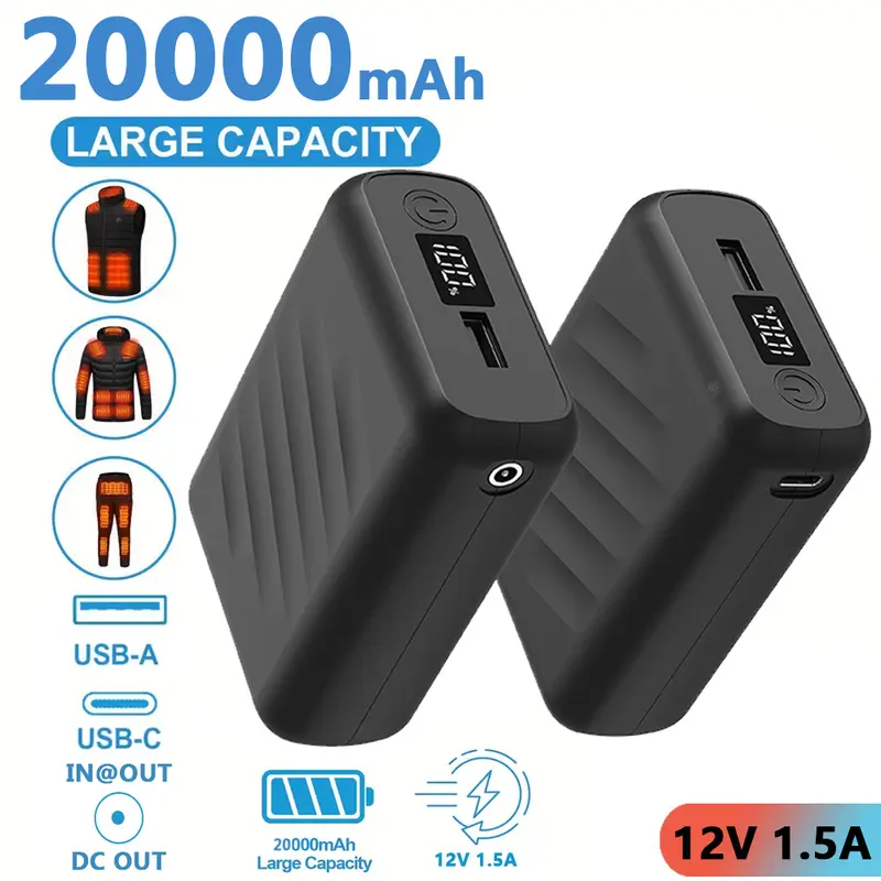 Portable Battery Pack  Fast Charge Power Bank 12V 20000mAh For Heated Vest USB Battery Pack for ORORO, for Venustas, 5V/9/12V Rechargeable Power Bank with DC/USB/Type-C Output for Heated Jacket Pants, Charge  Smartphone,  Mobile Accessori