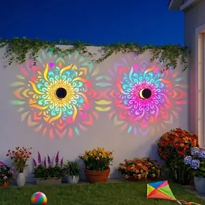 2-Pack Solar Mandala Projector Wall Lights, Colorful Decorative Waterproof Metal Mandala Solar Fence Wall Lights, Garden Post Patio Backyard Yard Decor
