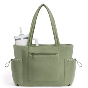Large Corduroy Tote Bag for Women with Cup Holder & Luggage Sleeve & Laptop Compartment for Work Travel College Casual