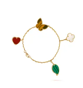 Pre-owned Van Cleef & Arpels Lucky Alhambra bracelet, 4 motifs 18K yellow gold, Carnelian, Malachite, Mother of pearl, Tiger Eye
