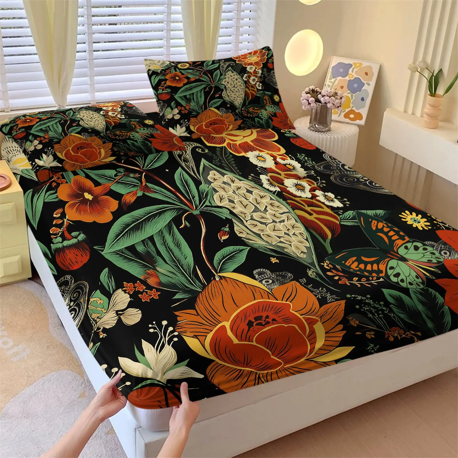 Retro Illustration Style Tropical Floral Print Fitted Sheet Set & 2 Pcs Coreless Pillowcases, Peony Sunflower Strawberry Butterfly & Green Leaf Design, Durable Comfortable Exotic Flair Home Decor Gift Choice, Breathable Floral Bed Sheets, Print Bedding