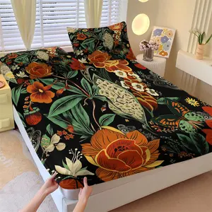 Retro Illustration Style Tropical Floral Print Fitted Sheet Set & 2 Pcs Coreless Pillowcases, Peony Sunflower Strawberry Butterfly & Green Leaf Design, Durable Comfortable Exotic Flair Home Decor Gift Choice, Breathable Sheets