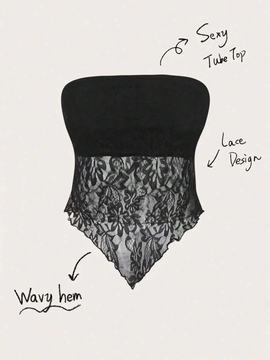 [FREE SHIP DEAL] Plus Size Women's Black Summer Elegant Night Out Club Lace Bandeau Top, Asymmetric Hem Strapless Fitted Retro Y2K Fashion Tube Top