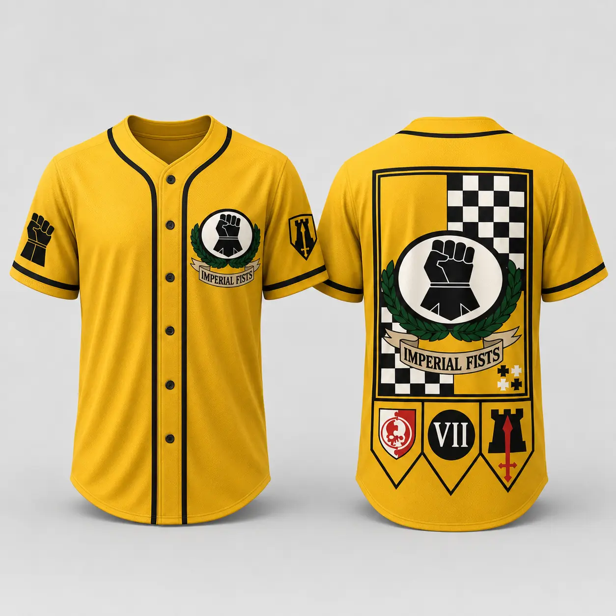 Yellow Black Fist Graphic Button Up Jersey Shirt, Short Sleeve Sports Inspired Top, Unisex Relaxed Fit Streetwear Jersey