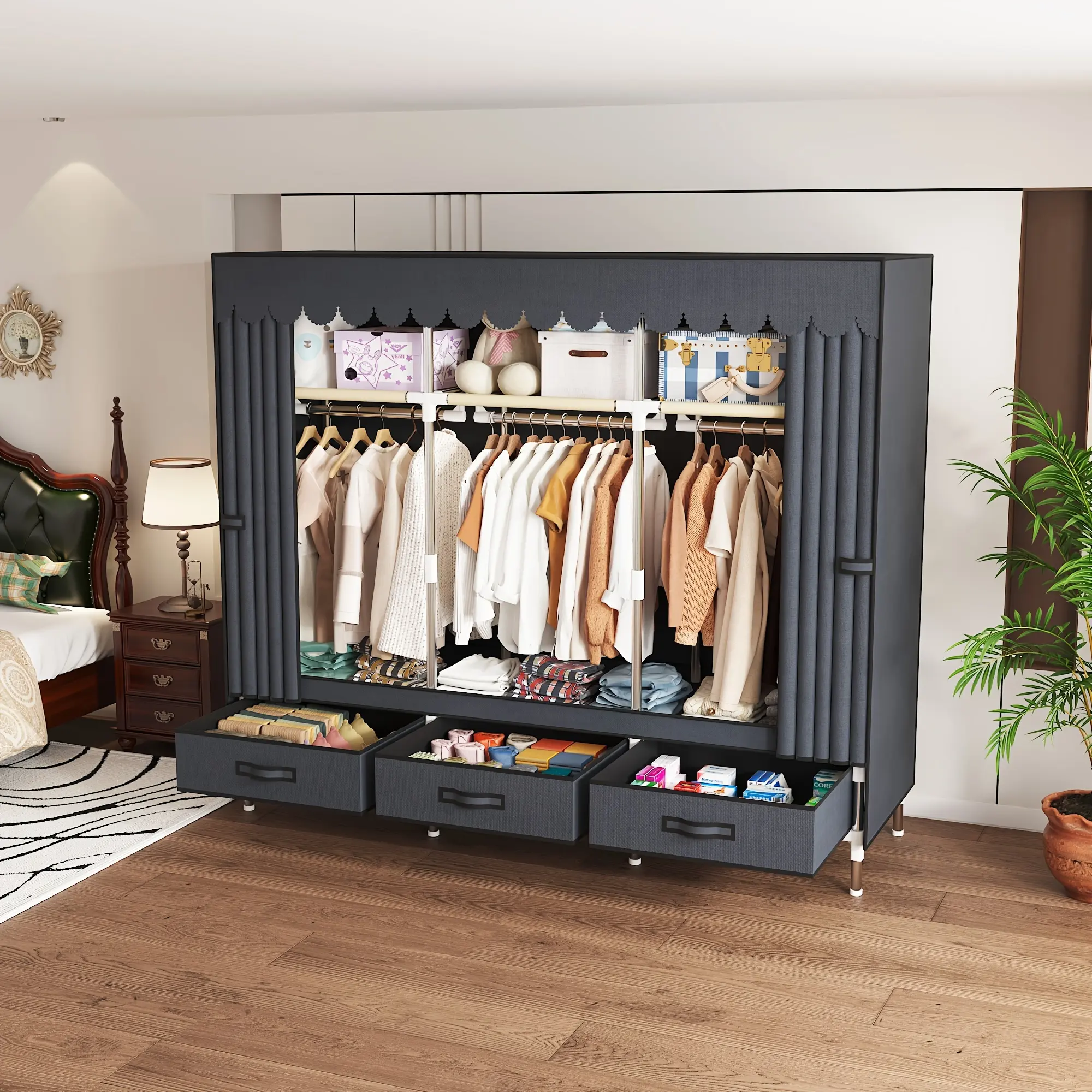 1 Large Simple Storage Wardrobe Closet - Portable Closets with Dust Cover, Sturdy Steel Frame, Durable Rack, and Ample Space for Cabinets, Bedrooms, Homes, Dorms, and Entrances - Perfect for Rental Homes and Basic Bedroom Furniture