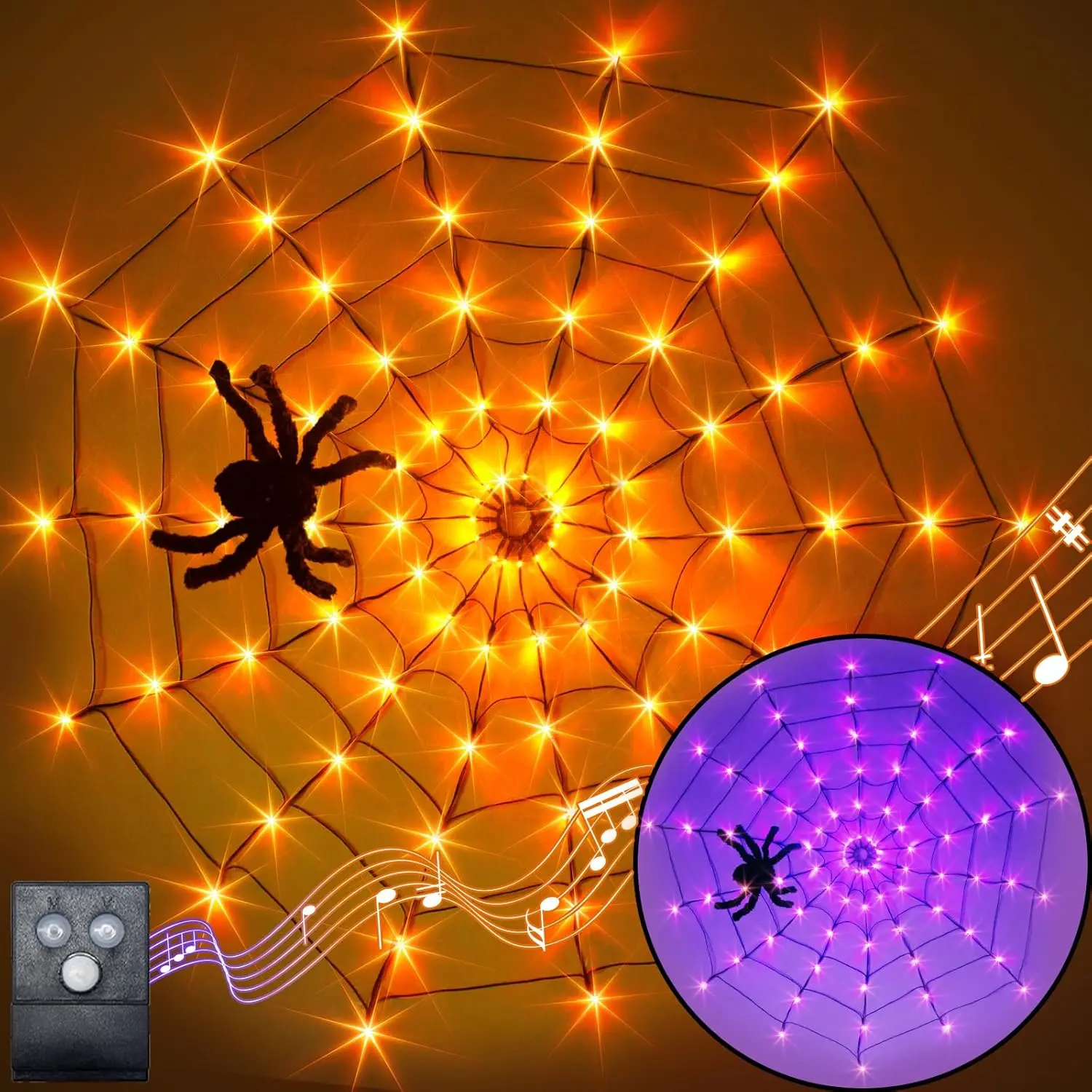 Halloween Decorations Spider Web Light Motion Sensor 4 Feet 84 LED Glowing Spider Web with Black Spider Halloween Light Suitable for Window Indoor Outdoor Horror Decoration (Orange and Purple)