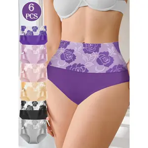 QUASTI Women's High Waist Cotton Panties 6 Pack, Seamless Colorblock Briefs with Printed Flower Design, Soft Breathable Underwear for Everyday, S-XXL