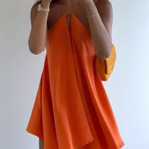 Women's Polyester Sleeveless Halter Backless A-Line Cut Out Mini Dress - Chic Casual Elegant Womens Dresses for Beach-to-Party, Cold Wash Friendly Formal Occasions