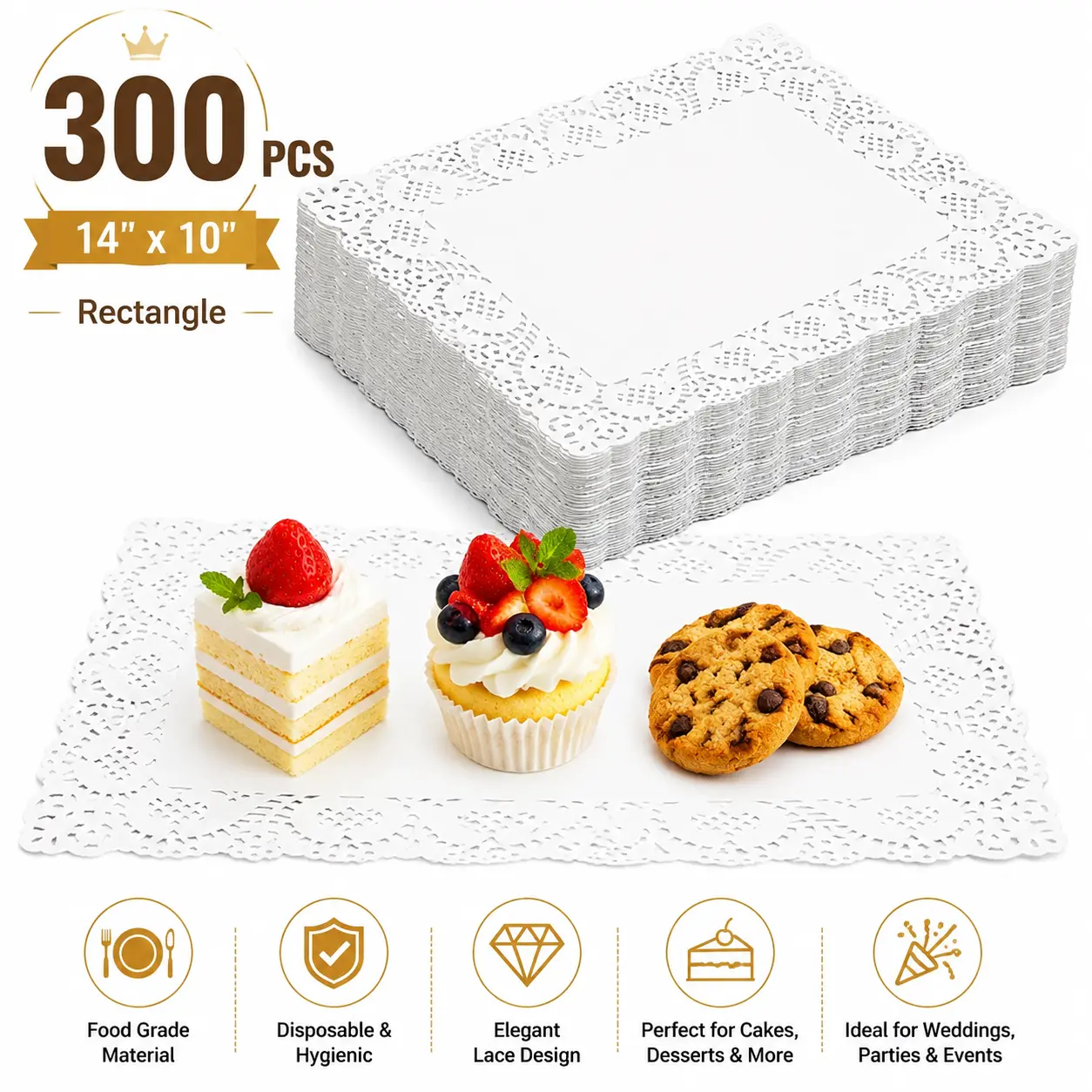 300 Pcs Rectangular Paper Doilies, 14"x10" White Disposable Lace Placemats for Cake Desserts, Wedding Tableware Decoration & Table Covers