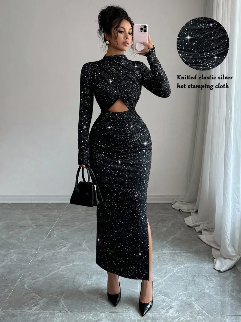 chinese dress ladies Black High Neck Long Sleeve Sequin A Line Mini Dress