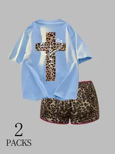 Women's Street Style Leopard Print Two-Piece Set, Spring Summer Cross Pendant Short Sleeve T-Shirt & Leopard Shorts, Casual Loose Fit