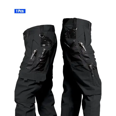 1pc Men'S Tactical Cargo Pants - Durable Multi-Pocket Design for Outdoor Work, Hiking & Casual Wear |   Adjustable Waist, No Belt Included, Black, Hiking Pants, Workwear, Functional Clothing, Sturdy Fabric
