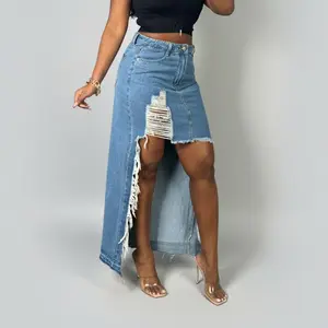 Y2K High-Waist Ripped Denim Skirt with Extreme Fringed Tassel - Chic Cut-out Maxi, Avant-Garde Design, Premium Fabric Blend, Versatile Styling