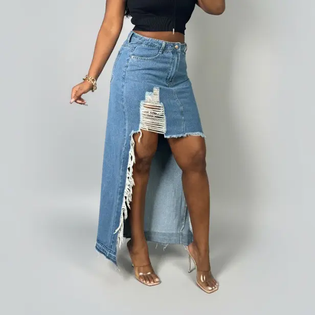 Women's Y2K Vintage High-Waist Ripped Denim Maxi Skirt - Extreme Fringed Tassel, Chic Cut-Out, Avant-Garde Design, Premium Viscose Fabric Blend, Versatile Styling for Tee/Corset/Cropped Outfit Pairing,