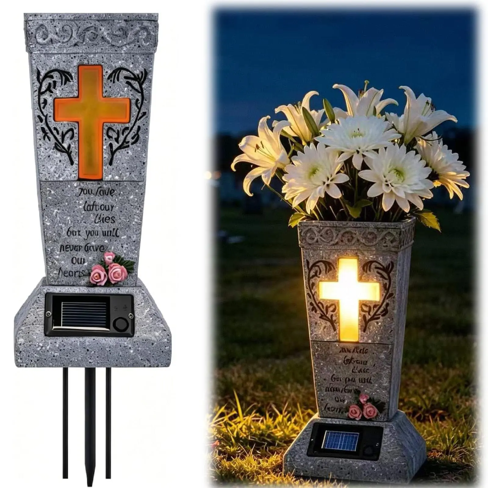 Cemetery Grave Vase with Solar LED Cross Light, Drainage Plug, Dusk Auto-On, Dawn Auto-Off, Energy Efficient, for Fresh Flowers, Headstone Memorial Decor, Sympathy Gift