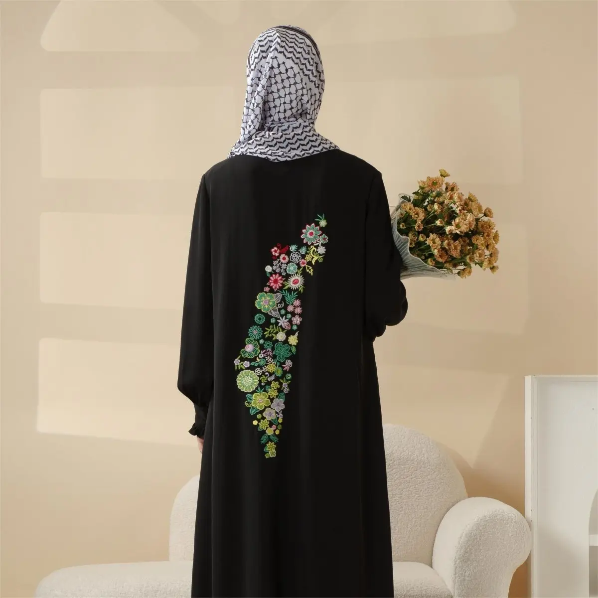 Modest Pullover  with Palestinian Embroidery, Elegant Ruffled Cuff Maxi Dress (MA141) abaya women tiktok shop abaya elegant fits