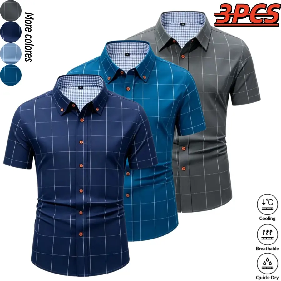 Men’s short-sleeve shirt featuring three plaid color-block panels; urban casual style with a turn-down collar, contrasting plaid lining, orange buttons at the front, and a slim fit. Smooth fabric drapes comfortably, while the tailored silhouette flatters