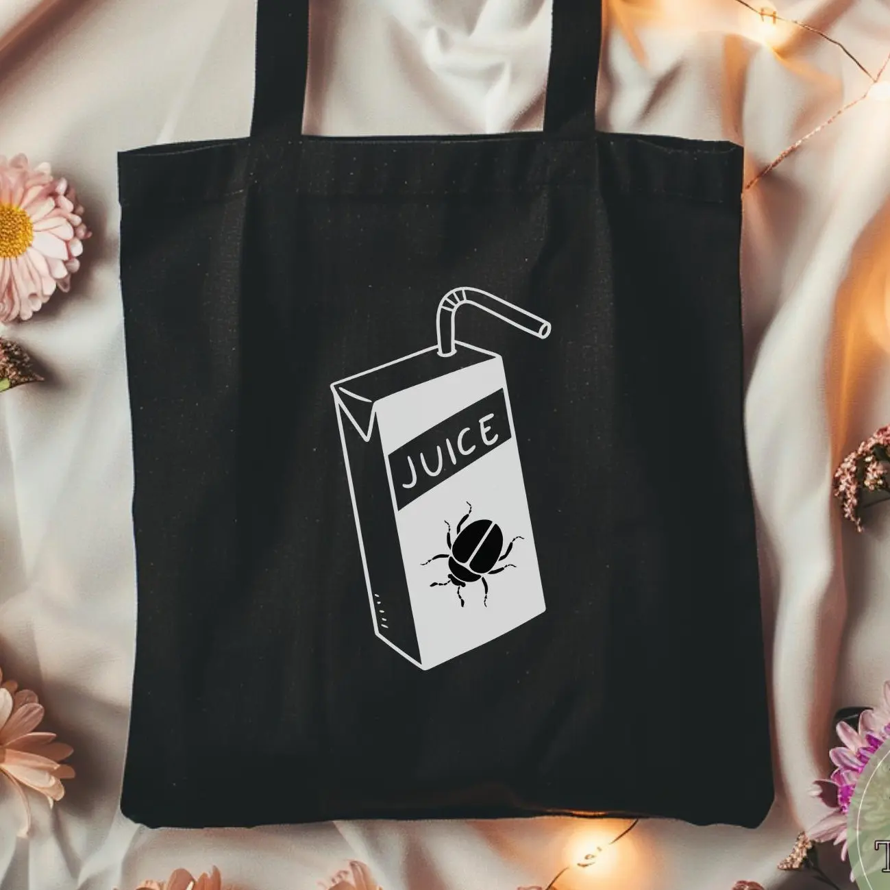 Beetle Juice Tote Bag, Halloween Bag, Tim Burton, Beetle Tote, Pun, Juice Box Bag, October Accessories, Spooky Season Tote, Black and White