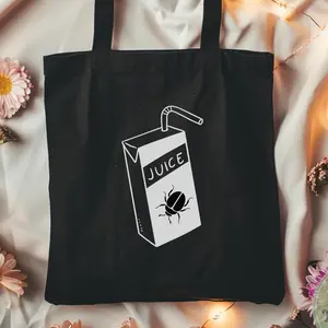 Beetle Juice Tote Bag, Halloween Bag, Tim Burton, Beetle Tote, Pun, Juice Box Bag, October Accessories, Spooky Season Tote, Black and White