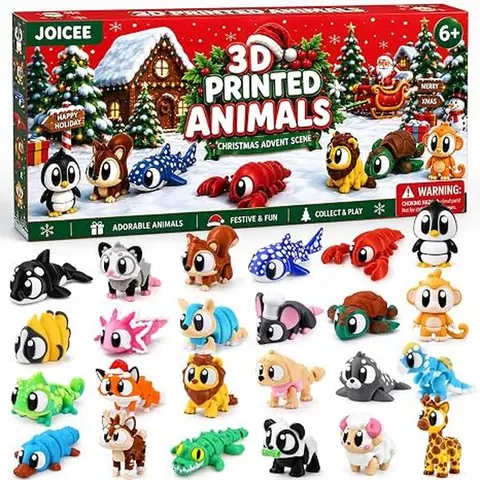 2026 Christmas Advent Calendar with Mini 3D Printed Animals Toys | 24 Days Mini 3D Printed Animal Figurines with Big Eyes Flexible Fidget Toys for Kids Boys Girls Xmas Party Favors Gifts