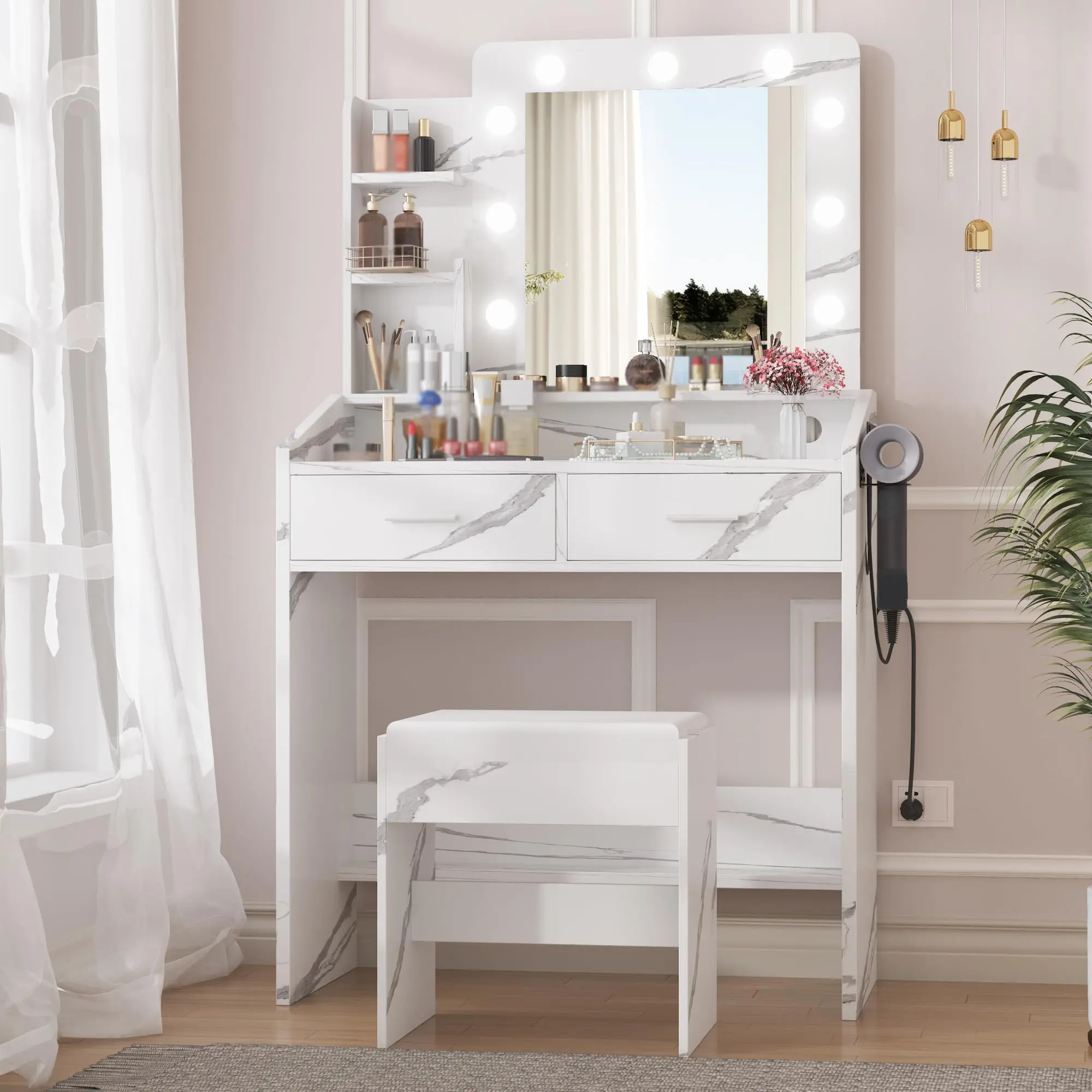 Garvee Makeup Vanity with Adjustable LED Lighting, Large Drawer, Dual-Level Storage Closet, and Mirror - Features 3 Brightness Modes for Optimal Makeup Application