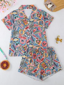 Women's Sleepwear Set, Casual Printed Fitted Short Sleeve Top & Elastic Waist Shorts, All-Season Comfortable Home Wear