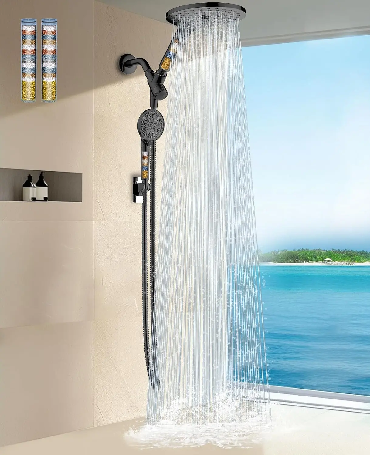 Dual Filtered Shower Heads Combo, High  Rain Shower  with Handheld Spray Built-in Power Wash, Dual Shower  with Filter for Hard Water, Remove Chlorine for Healthier Hair-Black
