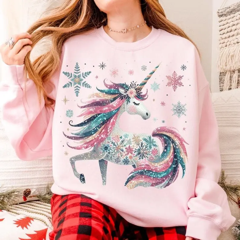 [Sale off up to 50%] Glitter Look Unicorn Sweatshirt, Magical Unicorn Sweater, Mythical Christmas Unicorn, Rainbow Unicorn, Fairycore Shirt, Unicorn Lover Gift