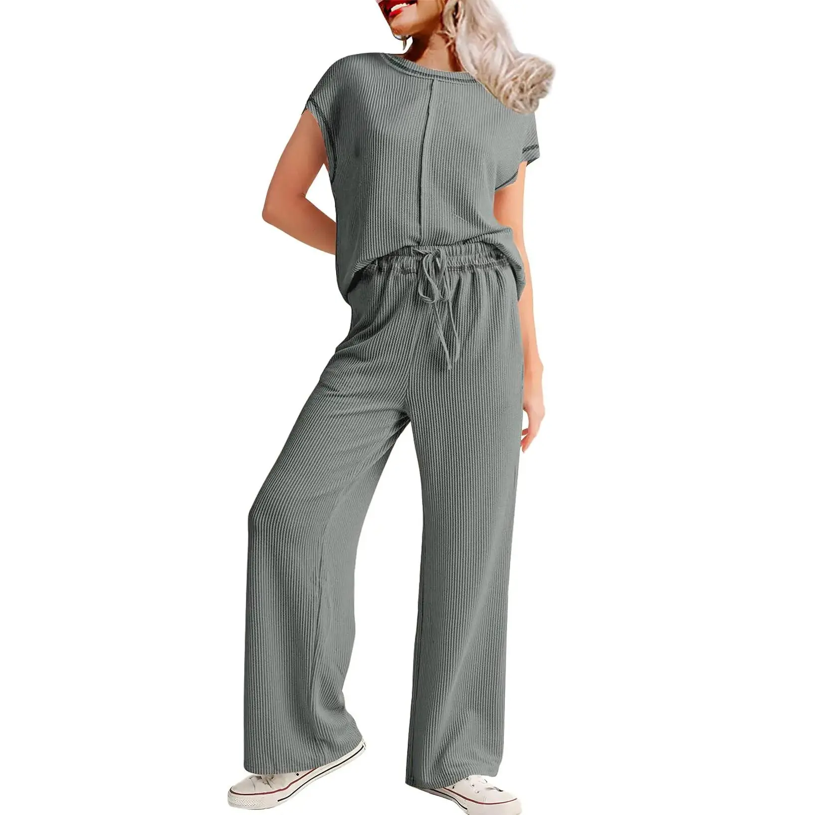 SHEWIN Two 2 Piece Sets for Women Summer 2025 Crewneck Batwing Sleeve Pullover Tops Matching Casual Pants Trendy Tracksuit Lounge Set Women Clothing Medium Grey XX-Large