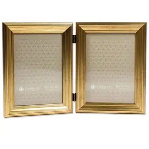 212 MAIN Gold 5x7 in. Rectangular Modern Metal Construction Hinged Set, Decorative Border Double Photo Frame (2 Frames) for Baby & Maternity Room Decor