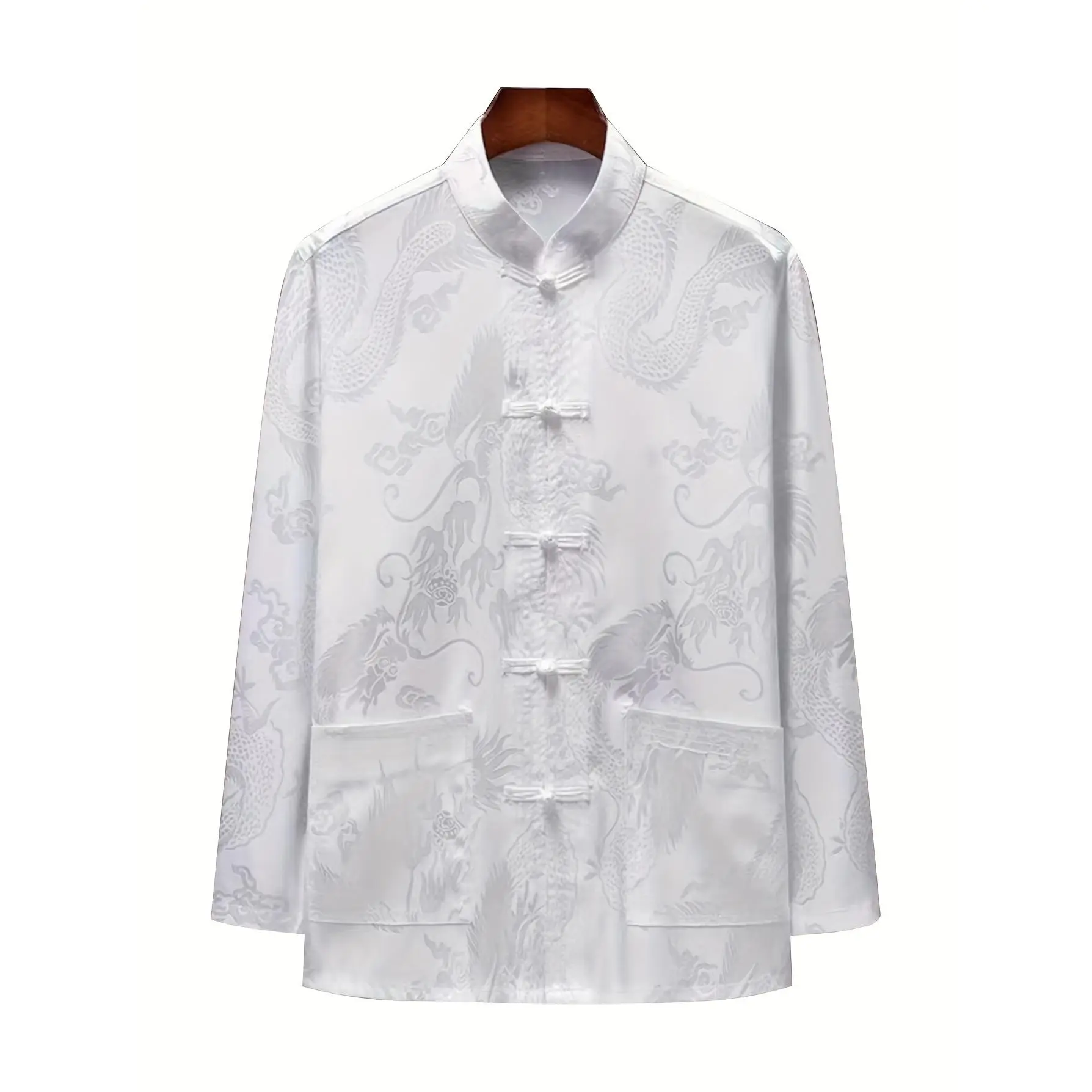 Lightweight Breathable 100% Polyester Dragon Pattern Jacquard Men's Chinese Tang Suit Jacket - Mandarin Collar, Long Sleeve, Regular Fit, Button Detail - Spring/Fall Vacation Style, 180g/m² Woven Fabric, Chinese Size