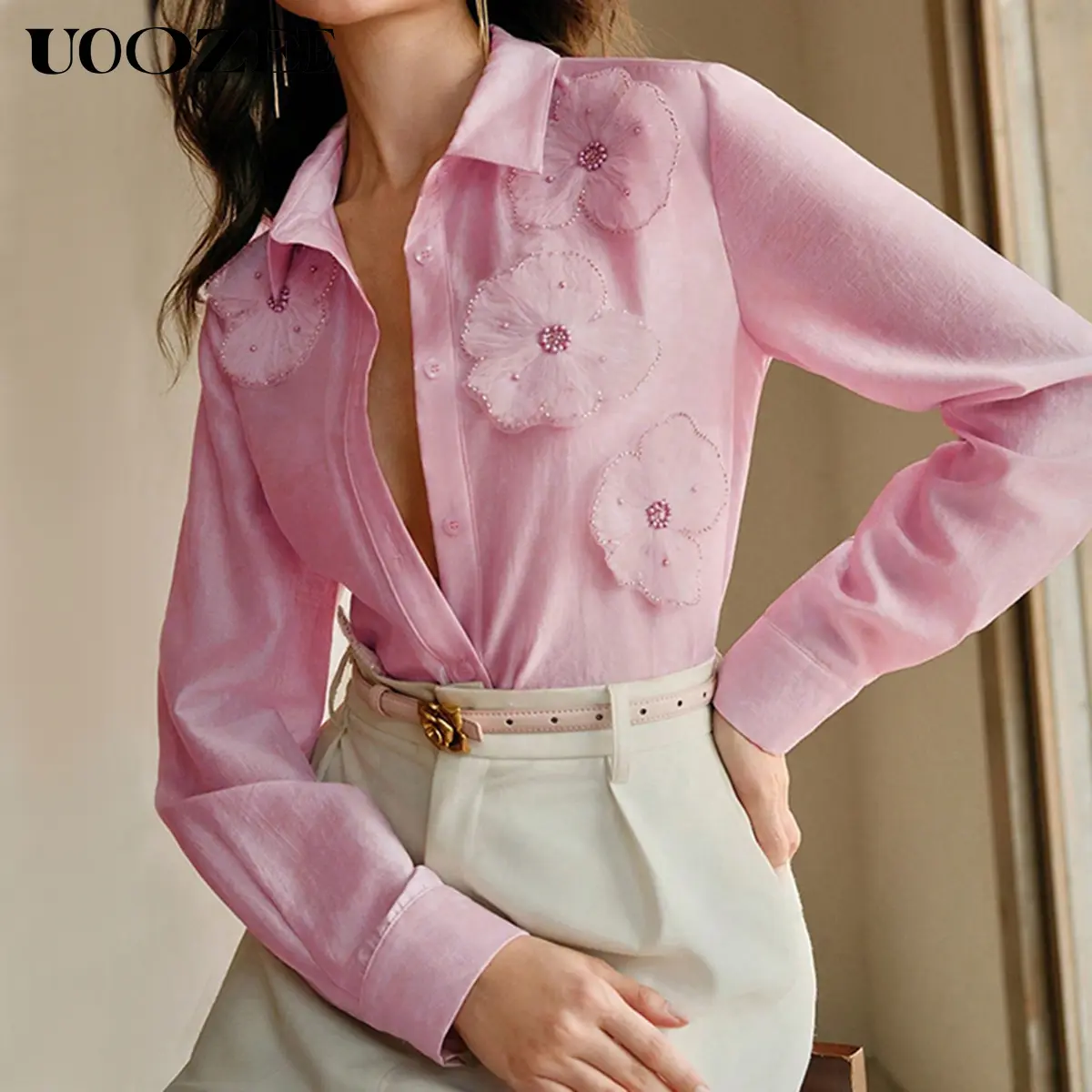 UOOZEE 2025 New Women's Collared Long-Sleeve Sheer Blouse - 3D Flower Dressy Top, Breathable, Lightweight, Comfortable Blouses for Women, Office OOTD Going Out Spring Outfit (Size Up for Wide Shoulders)